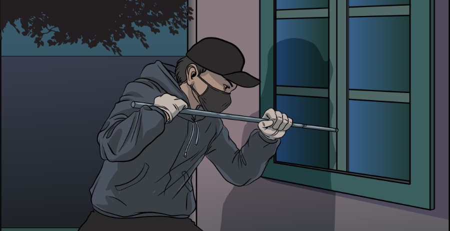 Illustration of burglar forcing entry through a window in Brownsville
