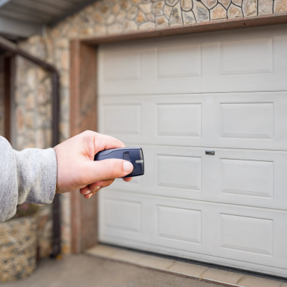 Brownsville security key fob pointing to a garage door